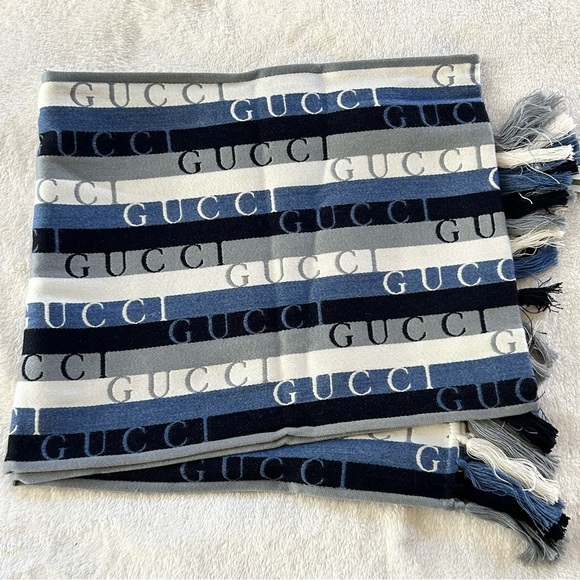 Authentic Gucci Unisex Striped & Signature Wool Scarf Blue Gray White - Picture 11 of 11